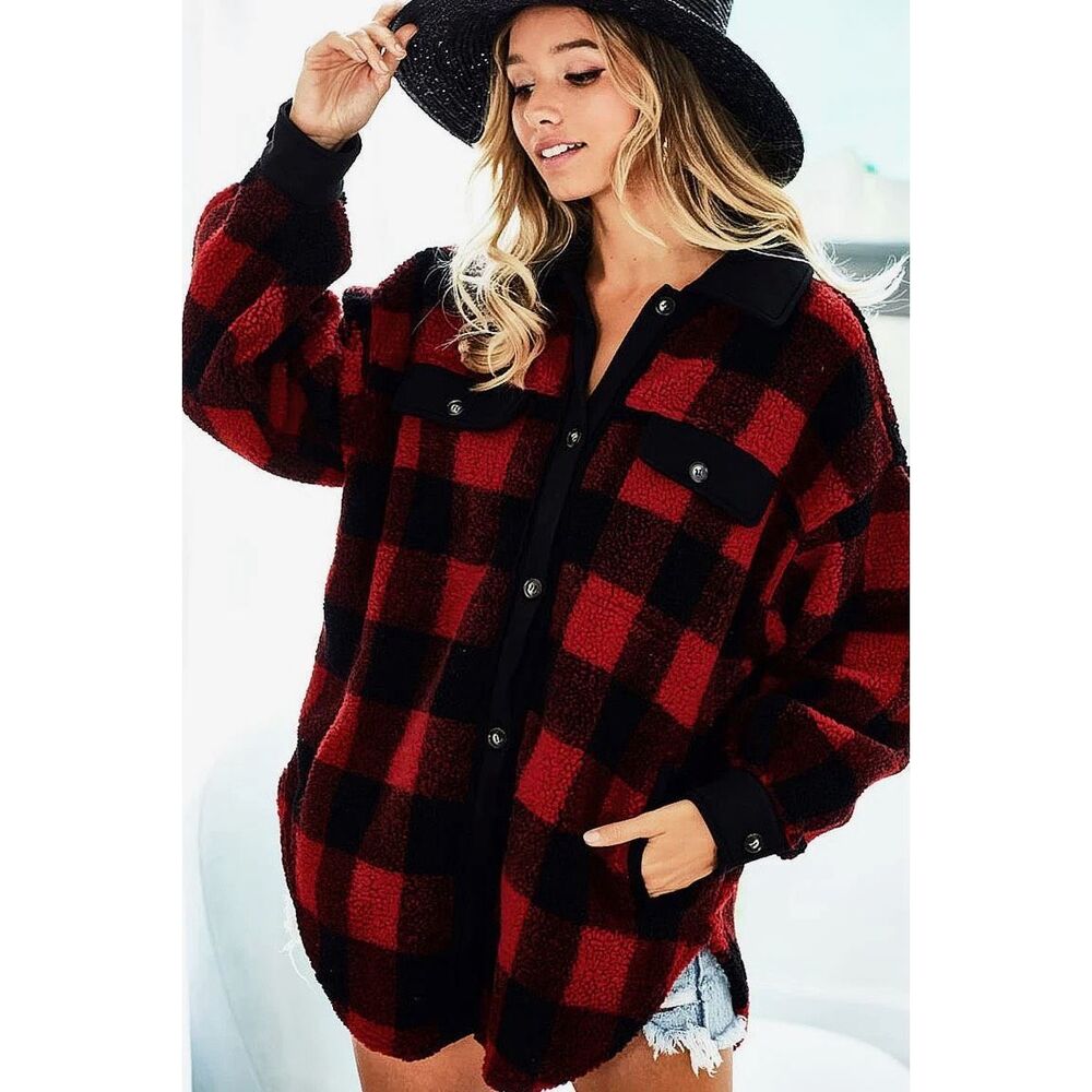 B1009. BiBi Buffalo Plaid Oversized Teddy Fleece Button Down Jacket NWT